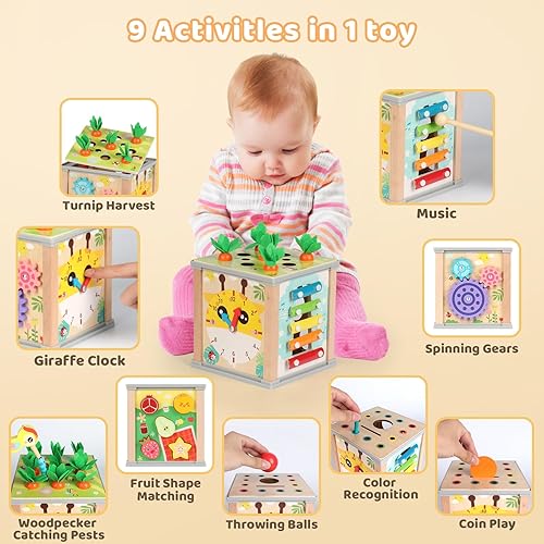 Miniatura 5 de Cubo de actividades 9 en 1, juguetes Montessori de madera para niños de 1 año, 12 millones de niños pequeños, juguetes educativos de aprendizaje,