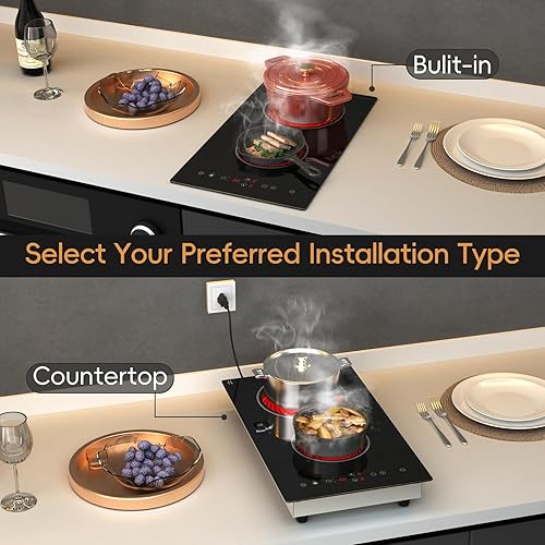 Miniatura 2 de Placa de cocina eléctrica, 2 quemadores, estufa eléctrica radiante de 1800 W, 120 V con encimera y diseño integrado, placa de cerámica de control