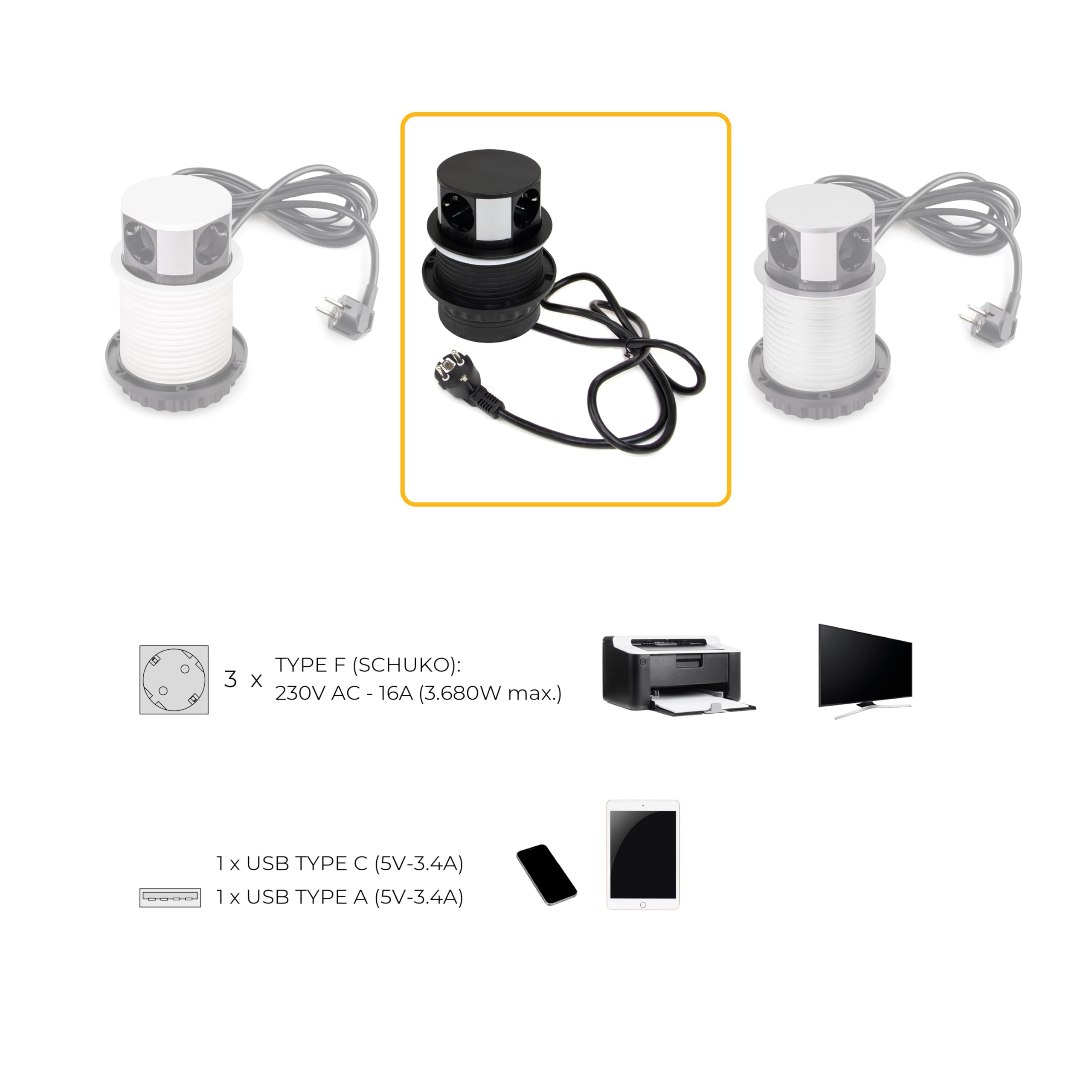 Emuca - Multiconnettore Vertikale Push diametro 100mm, 3 spine di tipo Schuko, 1 USB A, 1 USB C, Acciaio e Tecnoplastica, Verniciato Nero