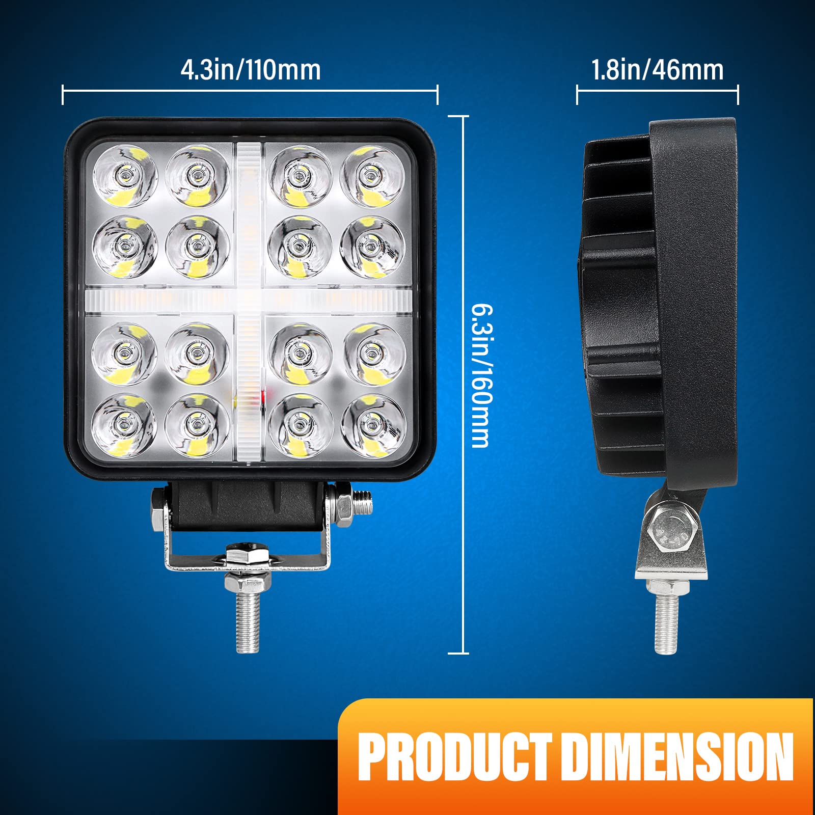 RIGIDON 2Pcs 4 Pouces 48W Carré Phare de Travail LED Avec 12V Faisceau de Câblage Kit - Blanc Ambre Lampe Longue Portée Spot Pour Offroad Voiture Camion SUV 4x4 Tracteur