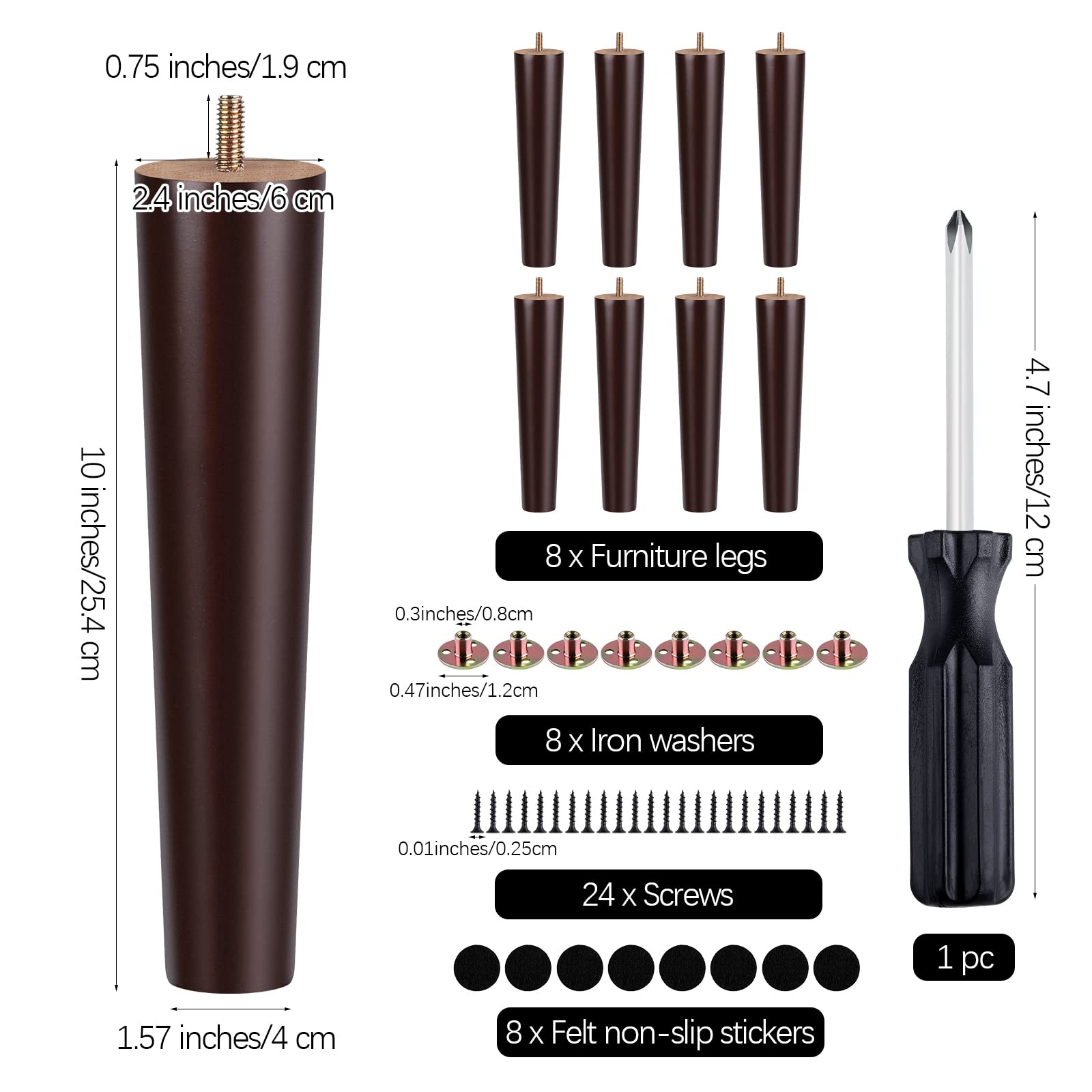 TURSTIN 8 Pieces Furniture Legs 10 Inches Round Solid Wood Furniture Feet Couch Legs Sofa Legs Replacement Legs for Armchair, Cabinet, Chair, Dresser or Home DIY Projects, Brown