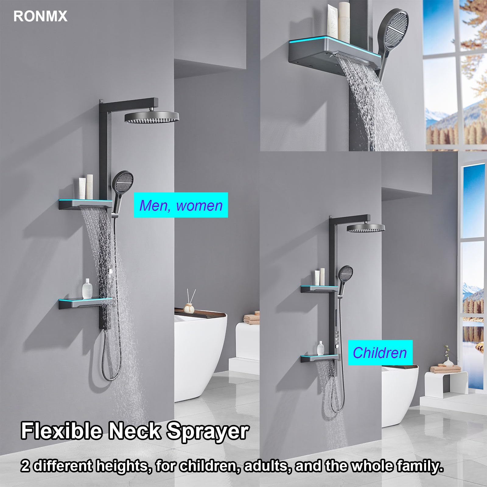 Sistema de Ducha Expuesto Mejorado 2025, Moderno Juego de Cabezal de Piano con 4 Modos (2 rociadores Laterales y 1 rociador Trasero), Grifo de 320 mm, Kit Completo de baño de Cobre