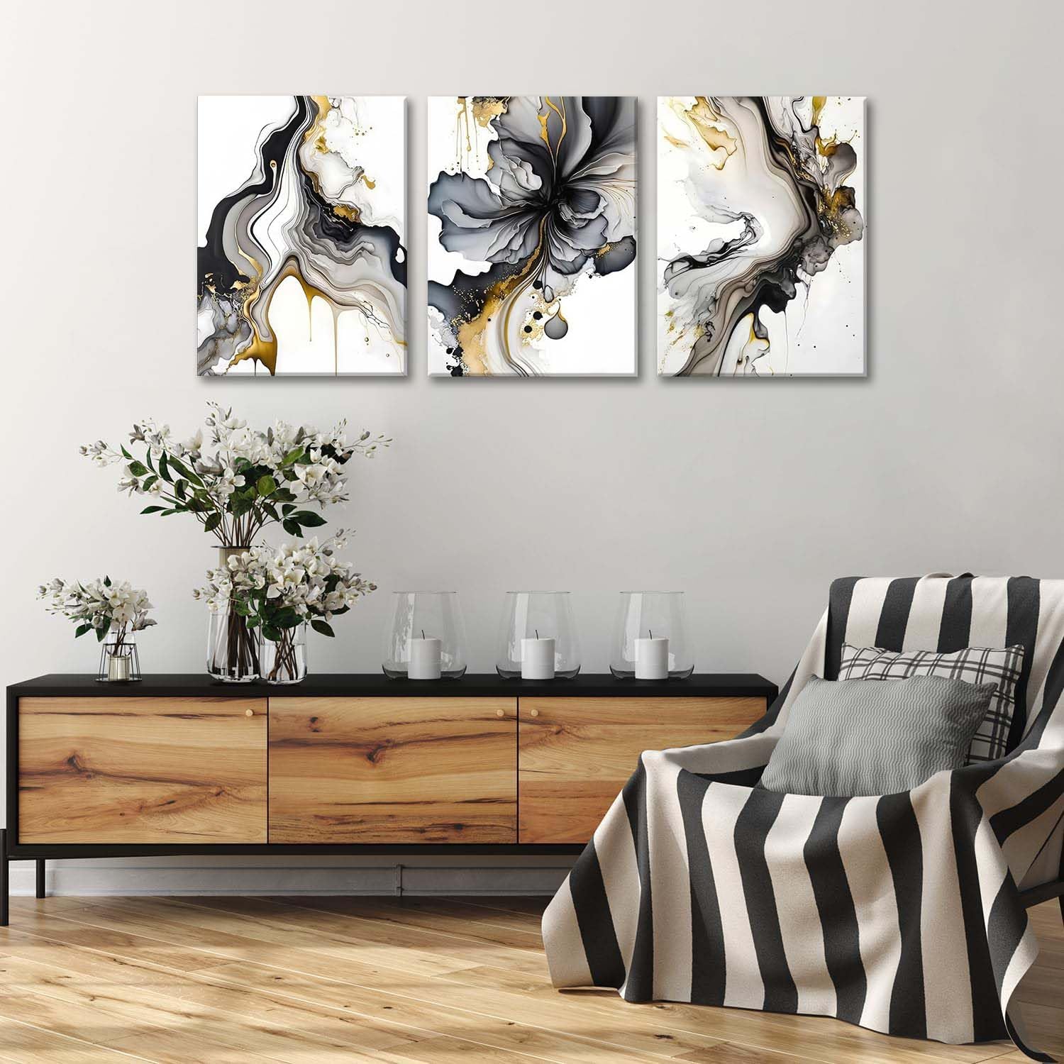 ZQARTZZQ 3 Piece Framed Wall Art Abstract Wall Decor Black Gold and Pictures Marble Fluid Ink Wash Canvas Art Modern Minimalism Paintings Artwork For Living Room Bedroom Office 12x16in