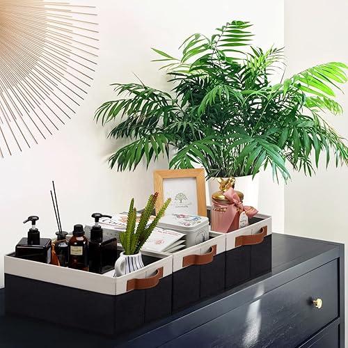 Miniatura 2 de GhvyenntteS Cestas de almacenamiento para organizar, contenedores de almacenamiento de tela con cuero H Cestas de almacenamiento rectangulares