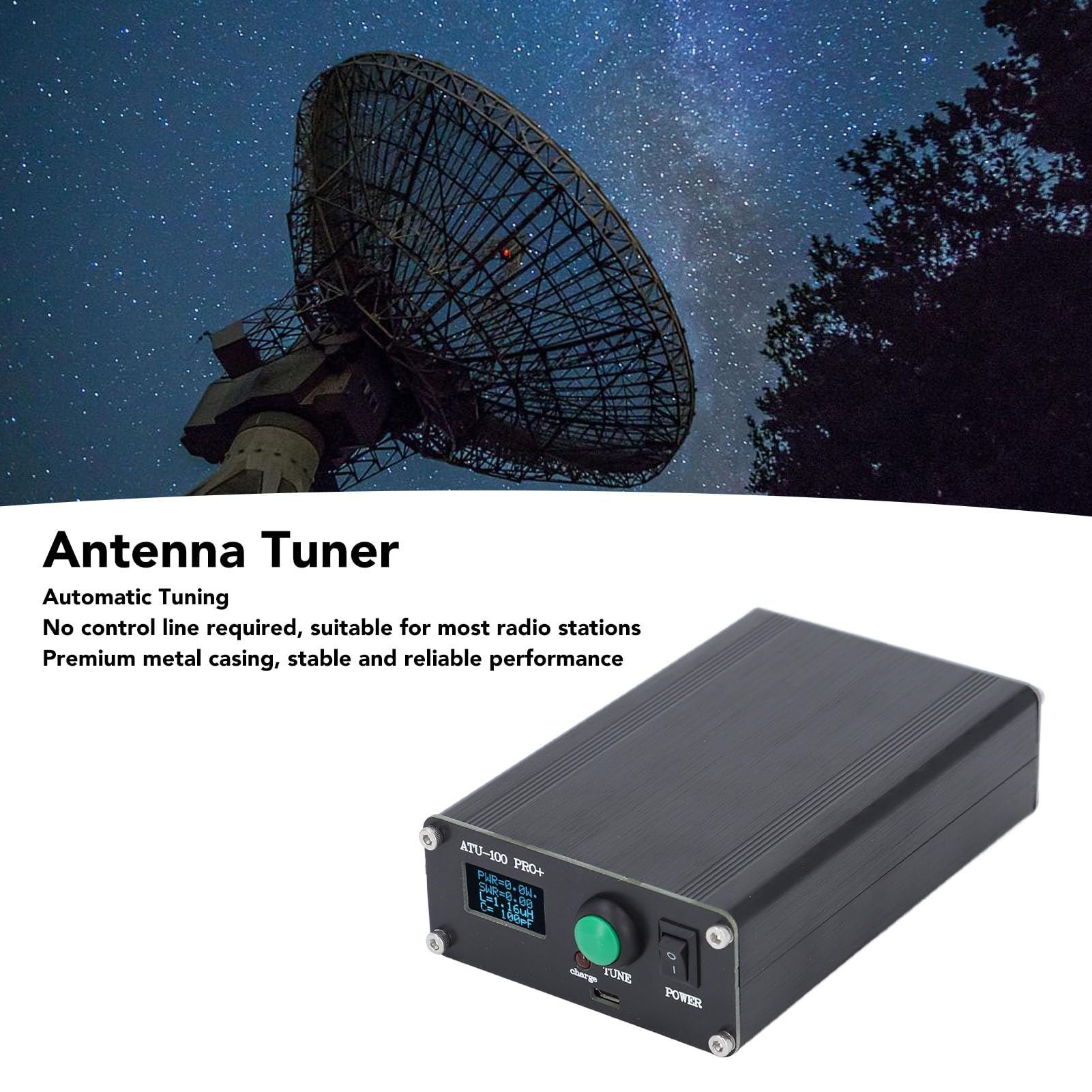Sintonizzatore Automatico ATU 100 Pro+ per Antenna con Display 0,96 Pollici Ricarica USB Lega di Alluminio e Condensatore SMD per Apparecchiature Radio