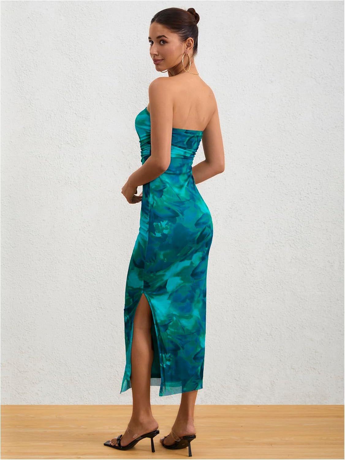 Milumia Women's Printed Strapless Tube Top Maxi Dress Slit Hem Sleeveless Bodycon Wedding Guest Party Long Dresses