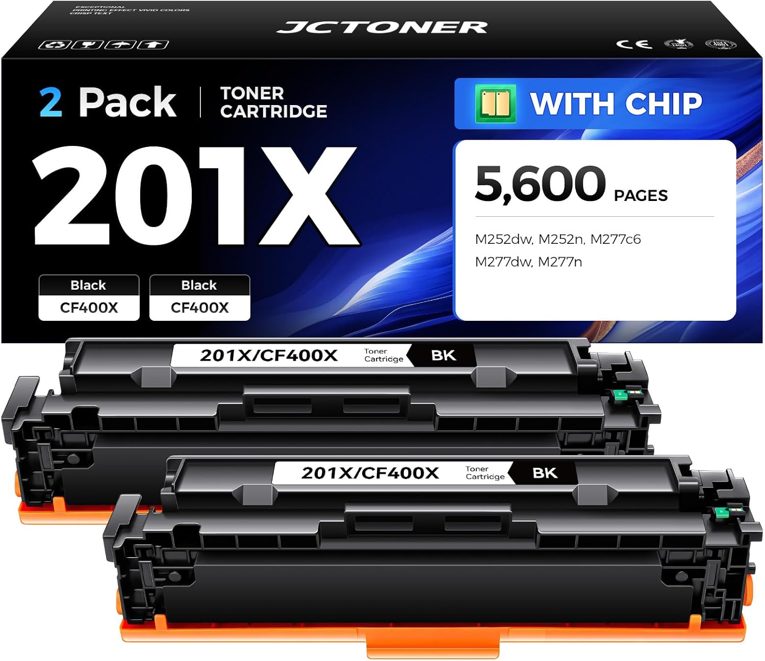 201X Black Toner Cartridge 2-Pack with chip High Yield Replacement for HP 201X 201A CF400X CF400A Toner Compatible for HP Color LaserJet Pro MFP M277dw M277n M277c6 M252dw M252n Printer Ink M277 M252