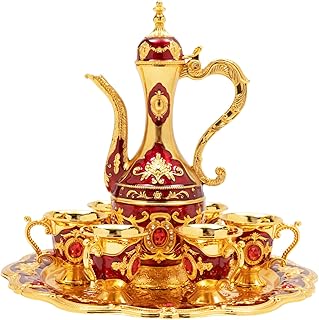 Turkish Tea Set,Vintage Turkish Coffee Set w/Pot and 6 Cups,Metal Luxury Moroccan Tea Glasses,Craft Tea Tray Teapot,Wine Pot Kit European Jug for Home Decor Birthday Wedding (Red)