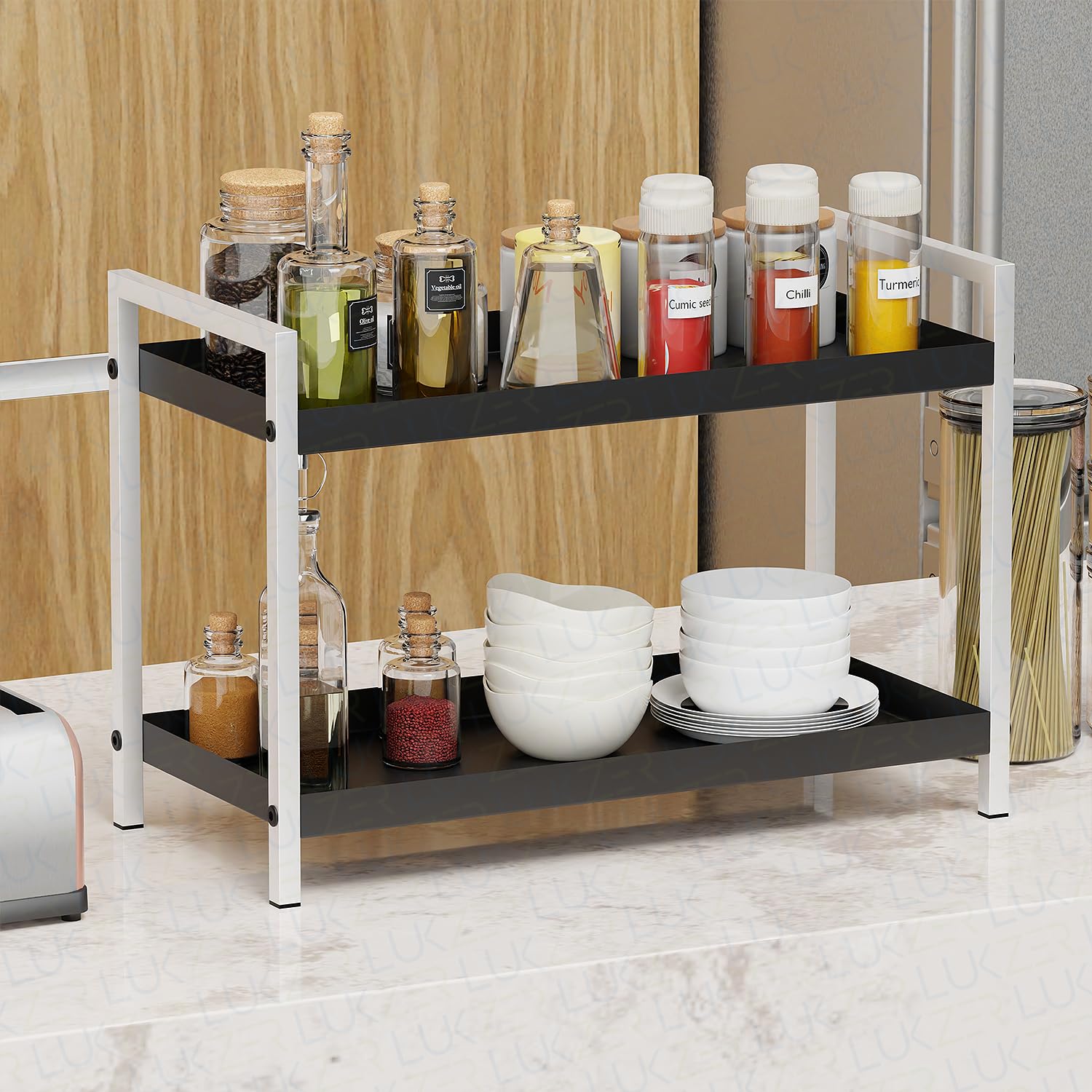 Lukzer 2 Layer Multi-Functional Metal Kitchen Rack | Space-Saving Organizer for Kitchen Spice Jars/Bathroom Essentials | Stylish Daily Accessible Countertop Organizer (42.5x29.5x20/White)-image-43