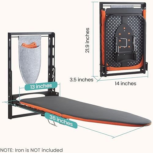 Miniatura 7 de Seiritex Tabla de planchar montada en la pared con soporte de hierro, 36 x 13 pulgadas, tabla de planchar plegable de montaje compacto para espacios