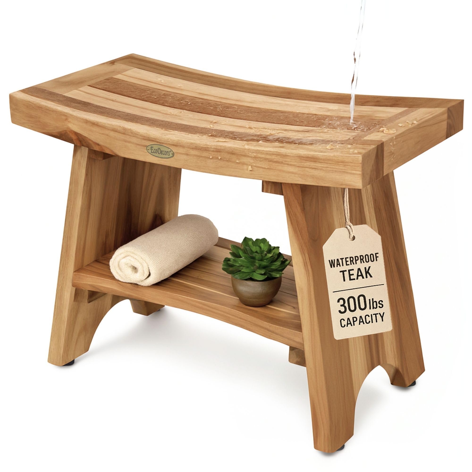 EcoDecors 24 Inch Serenity Teak Shower Bench – Waterproof Bathroom Seat with Large Storage Shelf For Adults & Seniors | Spa-Style Teak Wood Stool with Non-Slip Feet, Elegant Finish, 300 Pound Capacity