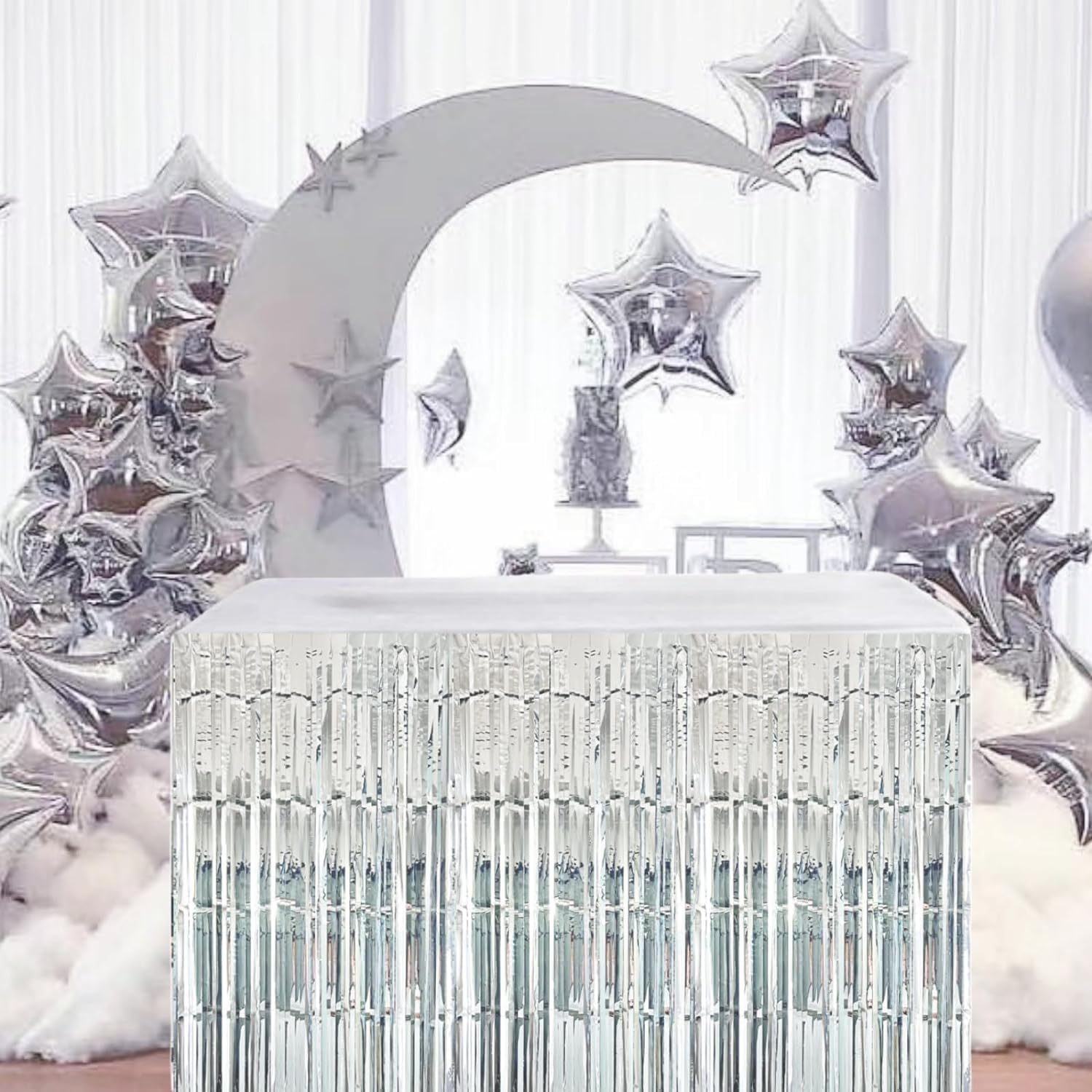 2 Gonne Per Tavolo Con Frange Metalliche - Argento, Decorativo Per Feste, L275cm X H75cm - Foto 8