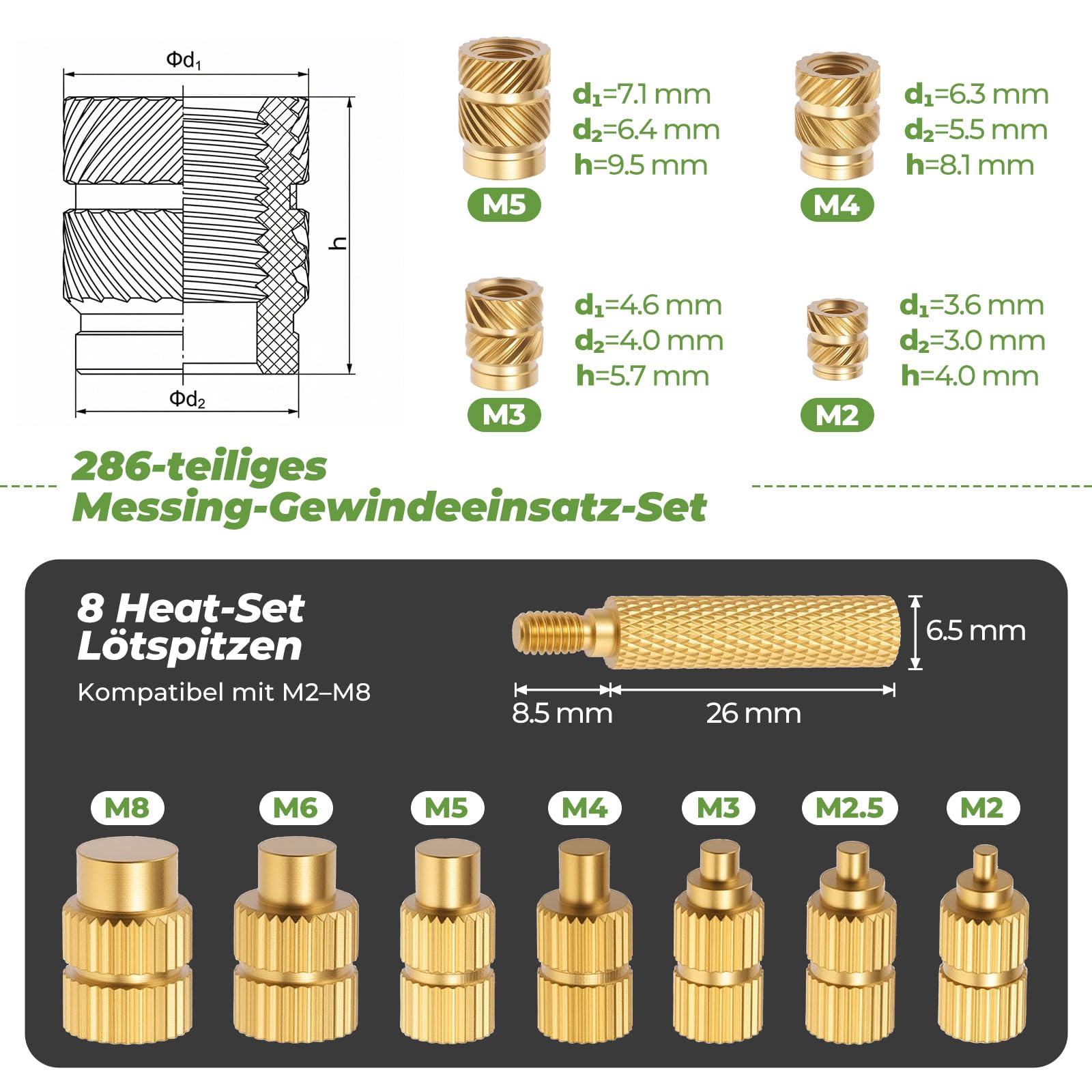Litorange 290 Stk. Gewindeeinsatz Set M2-M5 mit 80W Lötkolben für 3D Druck | Für 3D Druck (PLA/ABS/PETG). 80W Lötkolben (180-500°C). 270 Messing Einschmelzmuttern (100x M3) & Heat Set Adapter.
