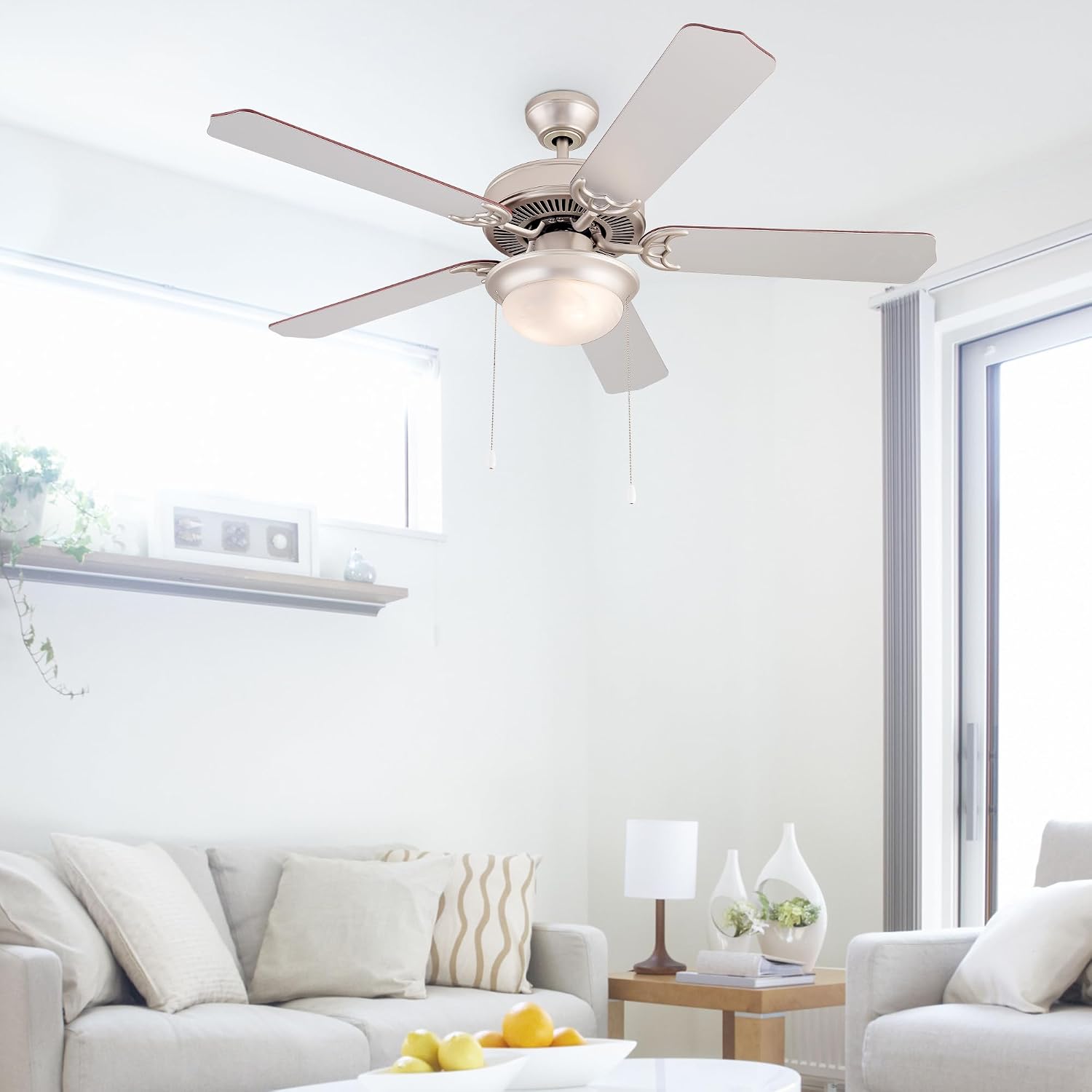 Simpol Home 52-inch Prominent Indoor Ceiling Fan with Walnut blades and satin nickel finish, installed in a room.