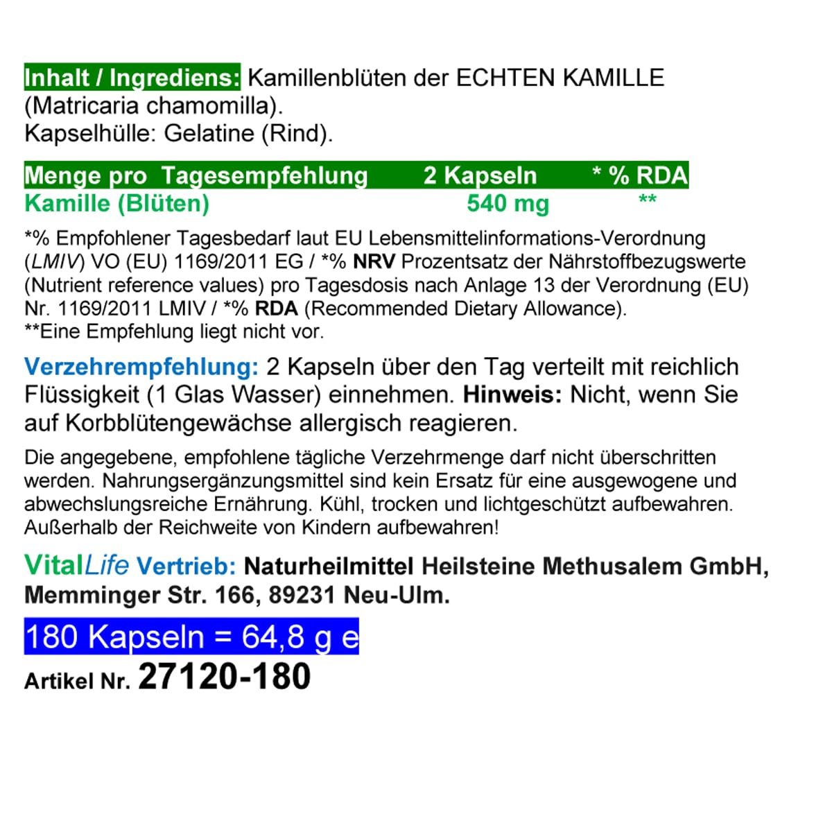 Echte KAMILLE Chamomilla Kamillenblüten 180 Kapseln - MAGEN & DARM - Adaptogen + Seelenkraut für ENTSPANNUNG. 100% NATUR PUR - OHNE ZUSATZSTOFFE. 27120-180