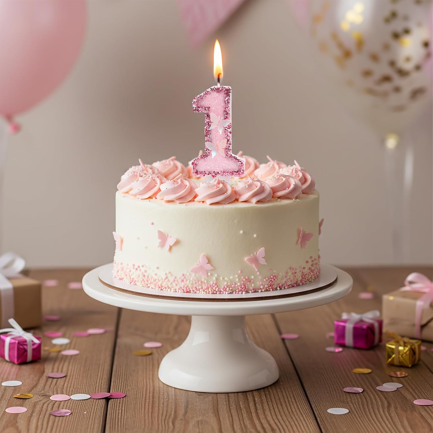 Pink Butterfly Number 1 Birthday Candle, Glitter Sequins Candle Cake Topper, Cupcake Decorations for Anniversary Celebrations Party Supplies