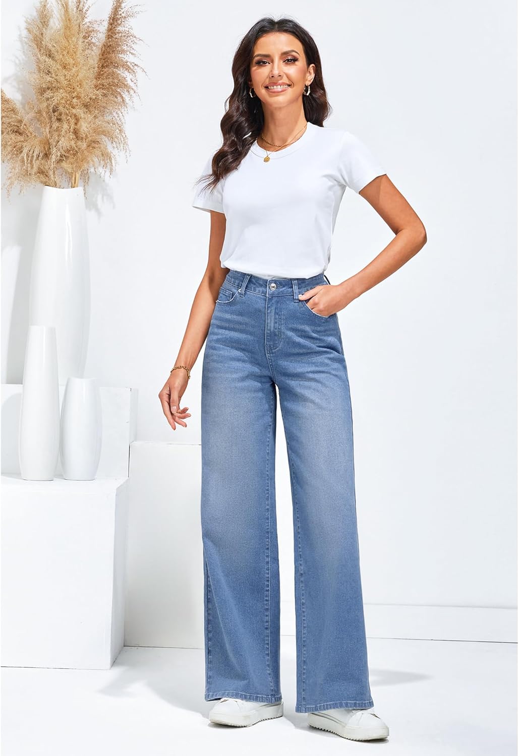 LookbookStore Wide Leg Jeans for Women High Waisted Stretchy Denim Jeans Fashion Baggy Trouser Jean Pants with Pockets - Image 5