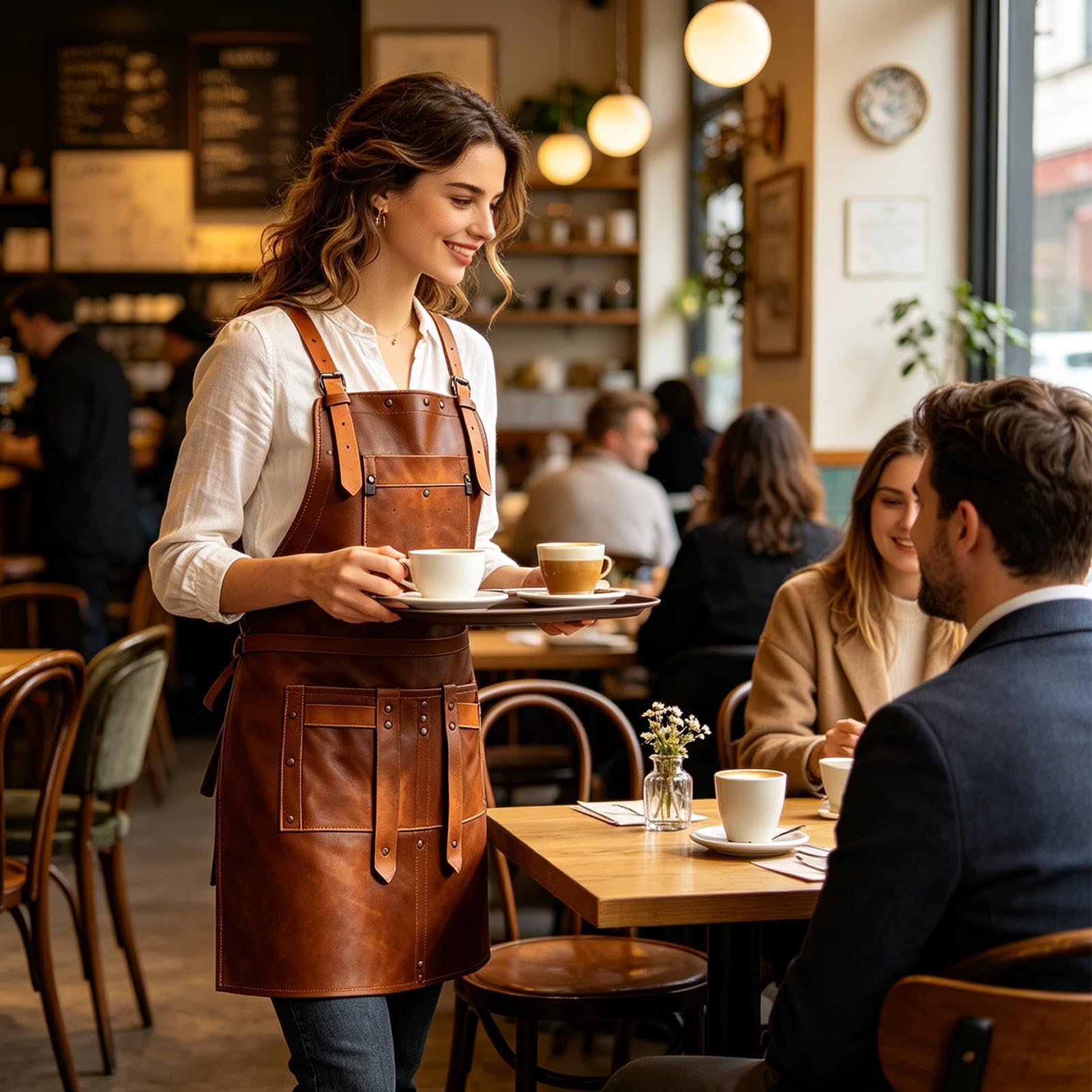 Tablier en cuir avec multiples poches et bretelles réglables croisées dans