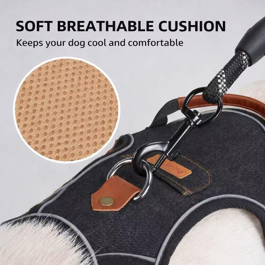 PawWave No Pull Front Clip Dog Harness – Adjustable Padded Denim Vest with Reflective Strips for Small, Medium & Large Dogs (Black, Large)