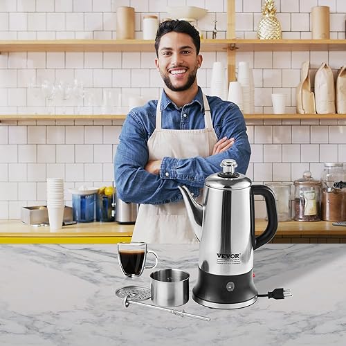 Miniatura 9 de VEVOR Cafetera eléctrica de 12 tazas, percoladora de café de acero inoxidable 304 con función de mantener el calor y mango resistente al calor,