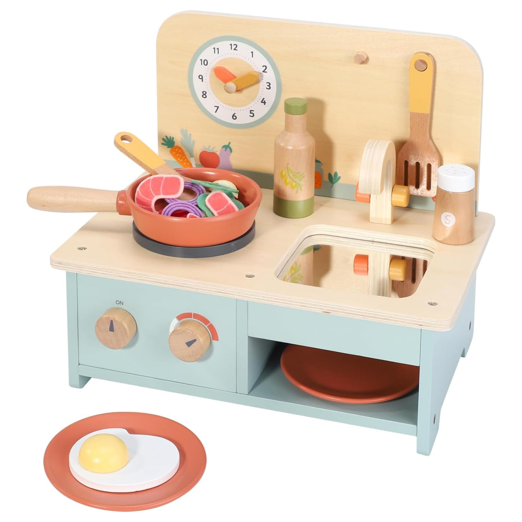 SOKA Tabletop 18pc Wooden Tabletop Kitchen Cooking Set Interactive Pretend Role Playset Early Developmental Kitchen Miniature Educational Preschool Learning Toy for Children Kids Girls Ages 3 year +