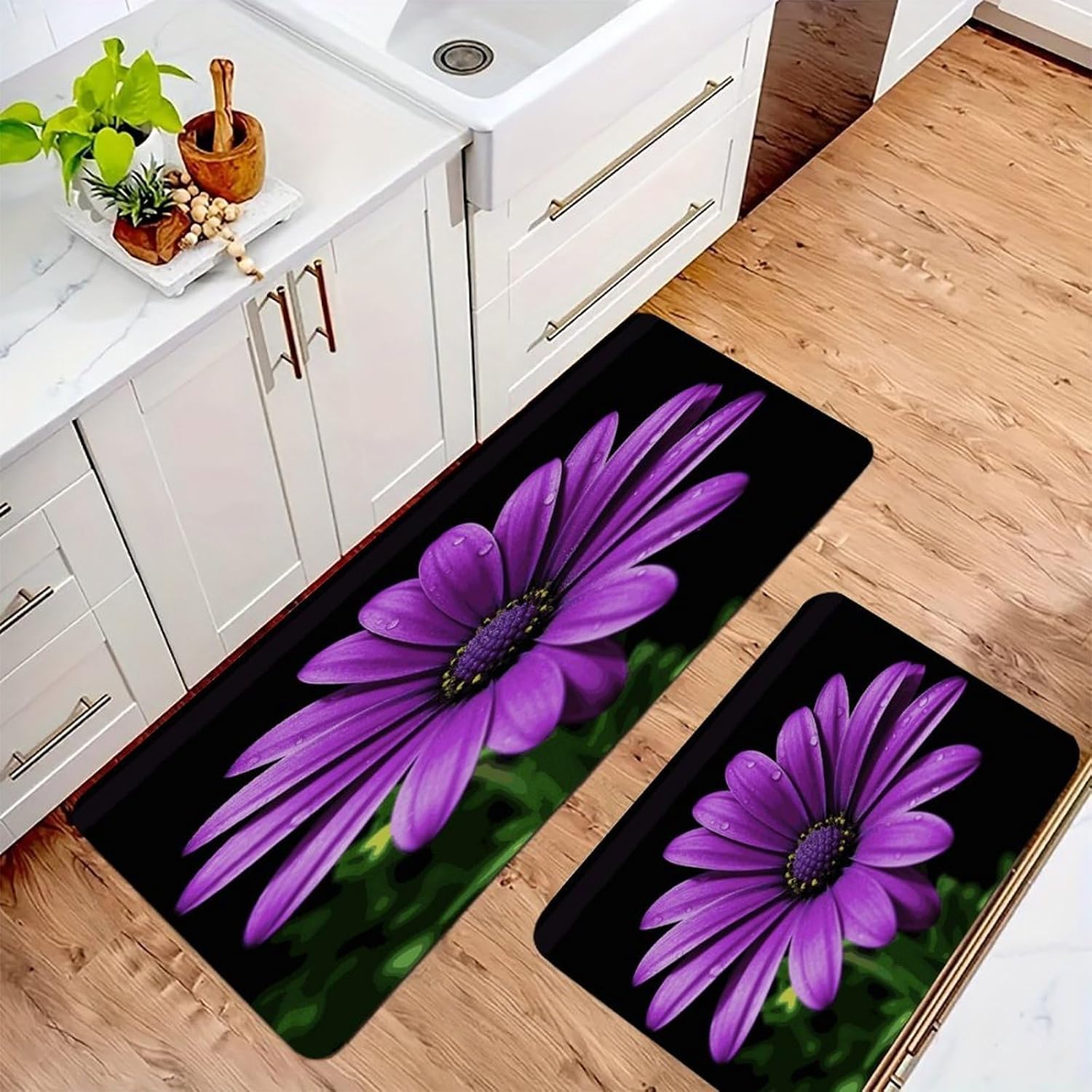 Purple Daisy Kitchen Mat Kitchen Rug Set | Kitchen Rugs Flannel Velvety Washable breathable Water Absorbent Soft ，kitchen utensils for Kitchen, Floor,Laundry