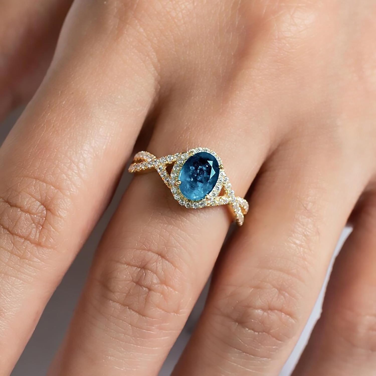 10K 14K 18K Gold Natural Topaz Wedding Ring for Women,2 Carat Oval-cut London Blue Topaz Rings with Moissanite Gemstone Jewelry Gift for Engagement Wedding