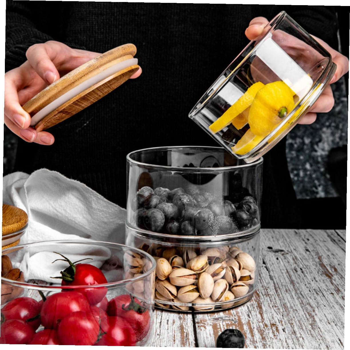 Alimentaire Empilable 3 Pièces en Verre Couvercles, Transparent, Hermétique et Empilable, pour Conservation Fruits à Domicile ou Restaurant