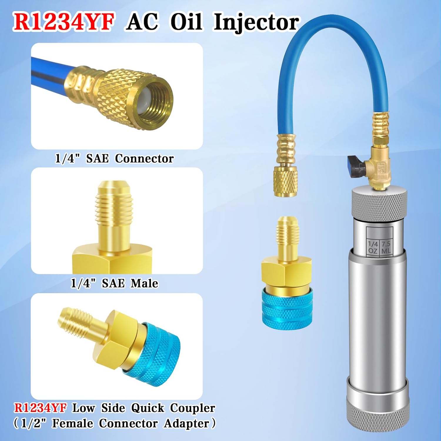 AC Dye Injector with Shut-Off Valve, AC Oil Injector for R1234yf R134a R410a, 1234yf Dye Injector with Backflow Prevention Function, AC Dye Oil Injector Kit with R1234yf R134a Couplers R410a Adapter