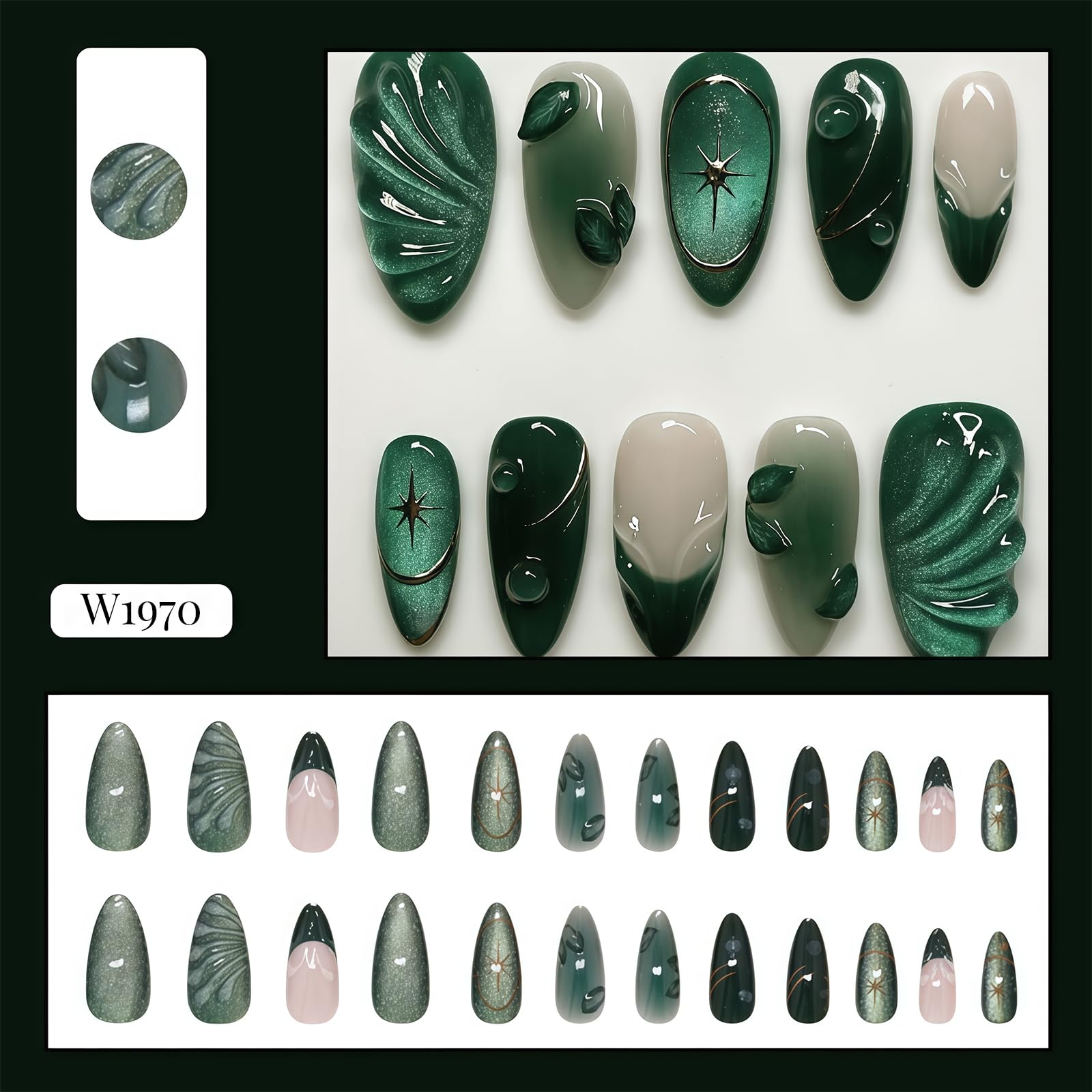 24Pcs Dark Green Press On Nails Medium Almond French Fake Nails with Star Design for Party Holiday & Daily Wear for Women - Image 3
