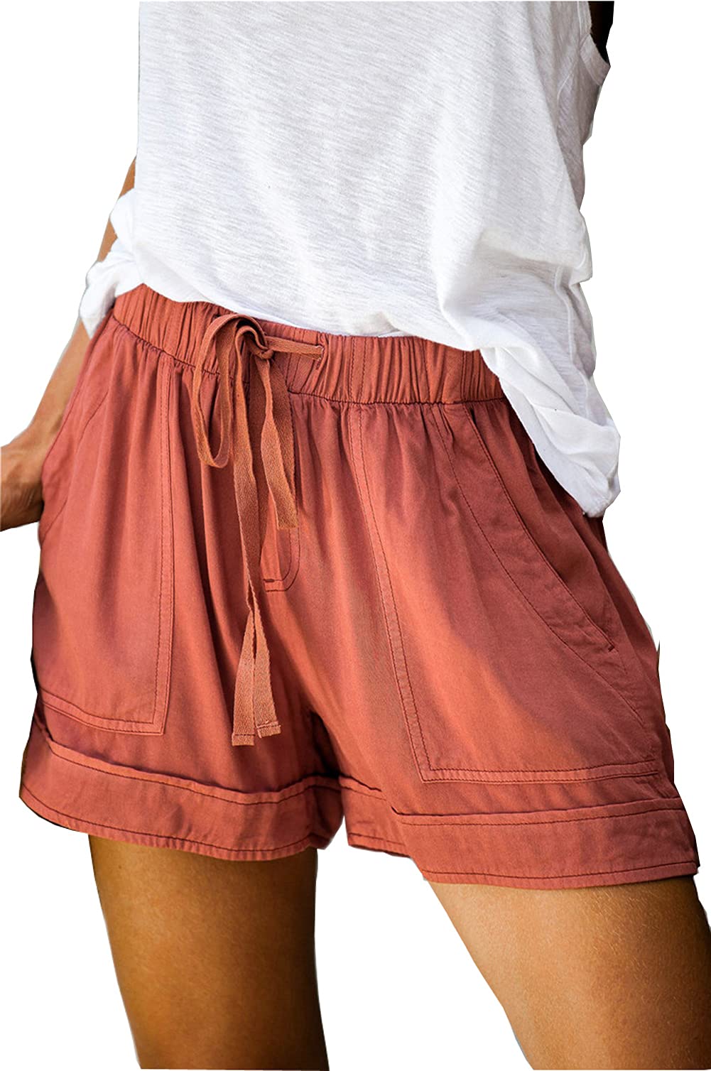 Kuzkauf Women Casual Shorts Comfy Elastic Waist with Pockets Summer Beach Drawstring Shorts