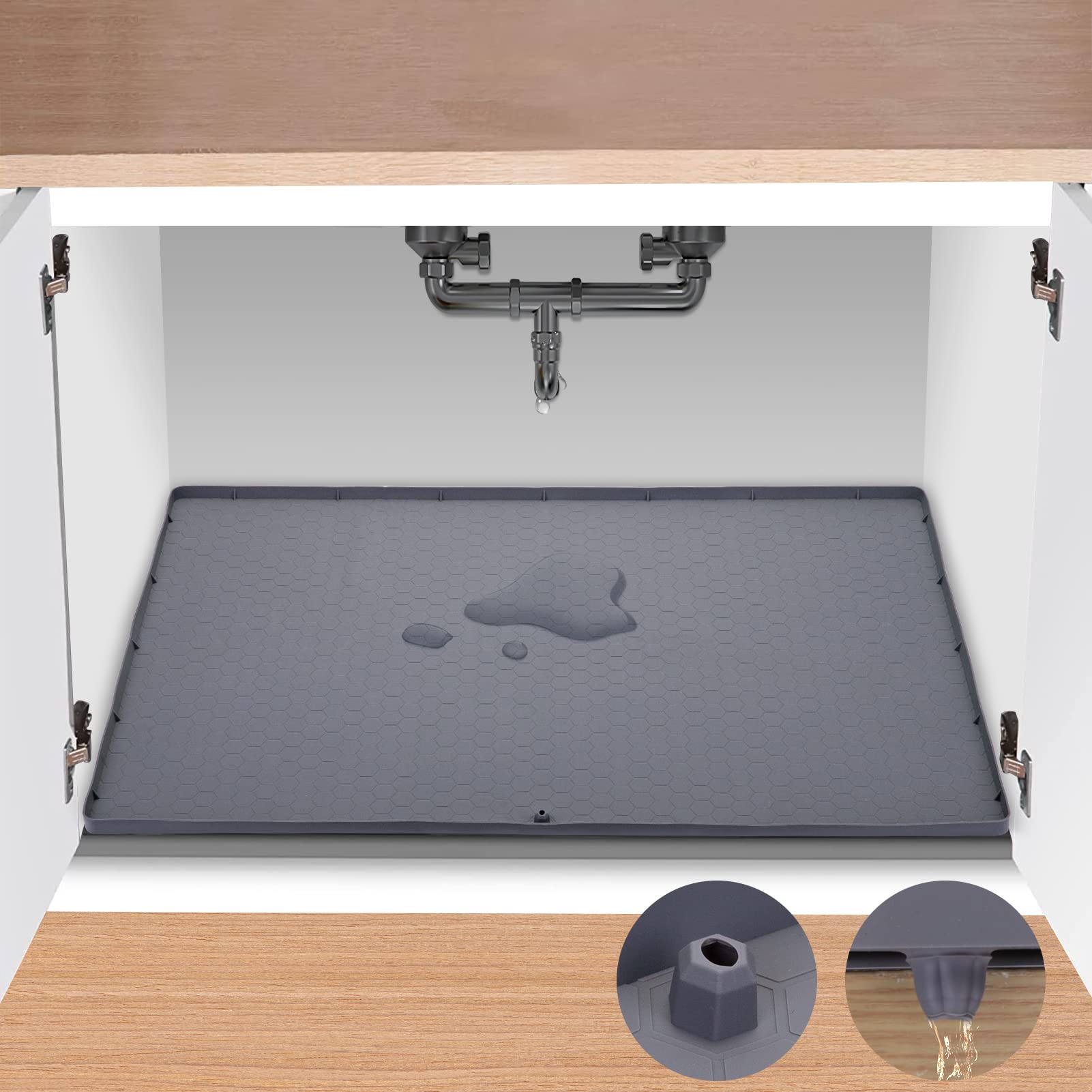 XPIY Under Sink Mat for Kitchen Cabinet Liner, 34" x 22" Silicone Waterproof Mat, Holds 3 Gallons Water, Raised Edge, Easy to Clean, Under Sink Drip Tray - Kitchen Sink Mats - Bathroom Sink Mat