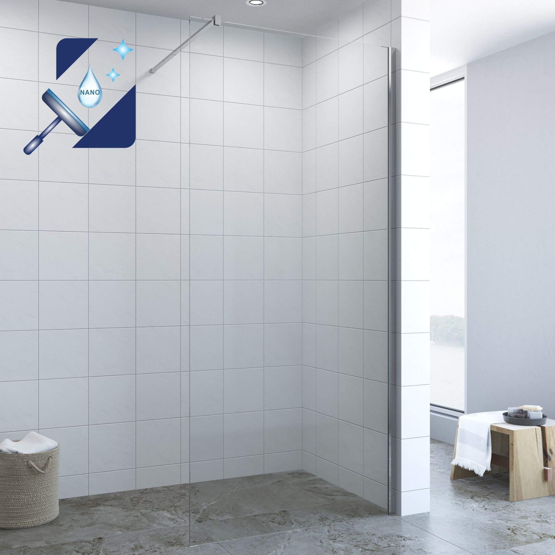 AQUABATOS® Walk-in Duschwand Aus 10 Mm ESG Sicherheitsglas, 110 X 200 Cm, Mit Nano-Beschichtung & Edelstahl-Stabilisator – Ebenerdig Montierbar