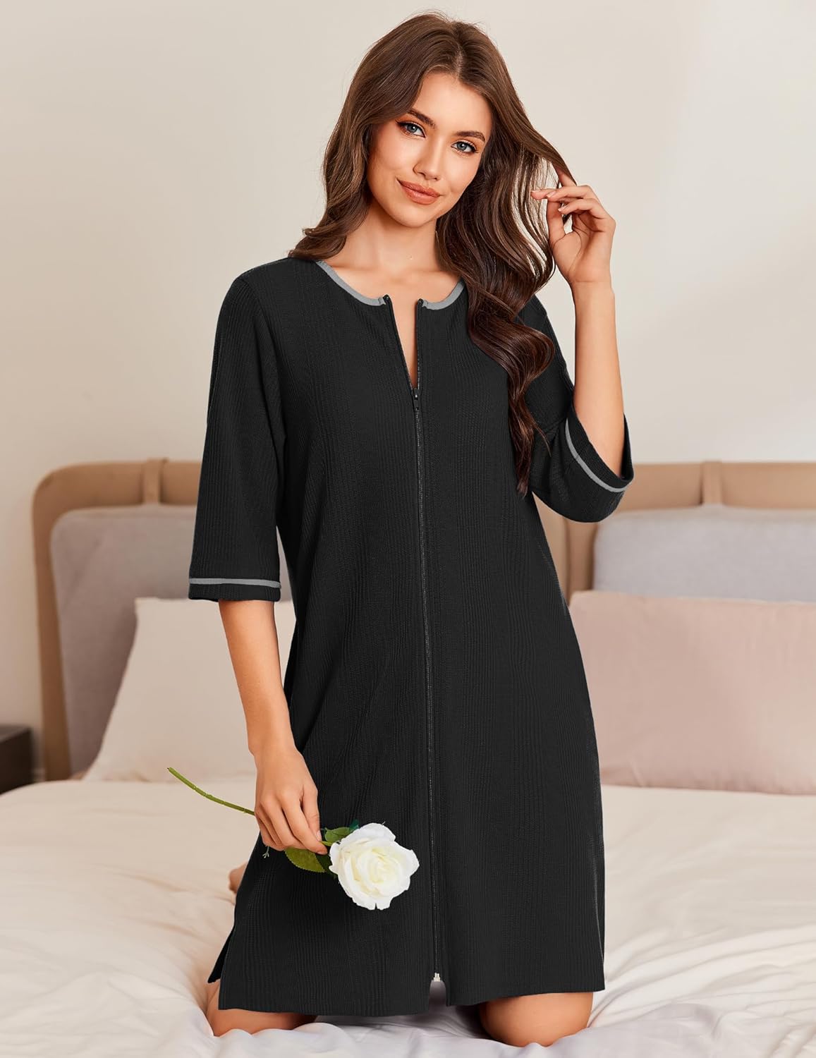 Ekouaer Zip Up Robes for Women Short Waffle Bathrobe Lightweight house coat 3/4 Sleeve Soft Nightgown with Pockets S-3XL - Image 2