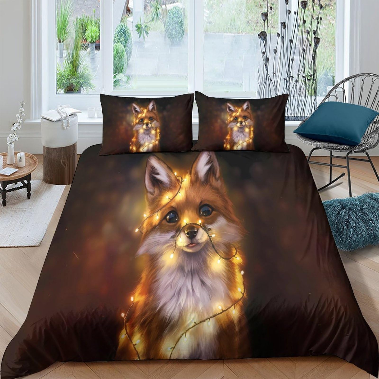 GPLZQXKJNH 3D Printed Fox Forest Duvet Cover Microfiber Soft Brown Animal Bedding Set with 2 Pillowcases for Bedroom Decor Single（135x200cm）