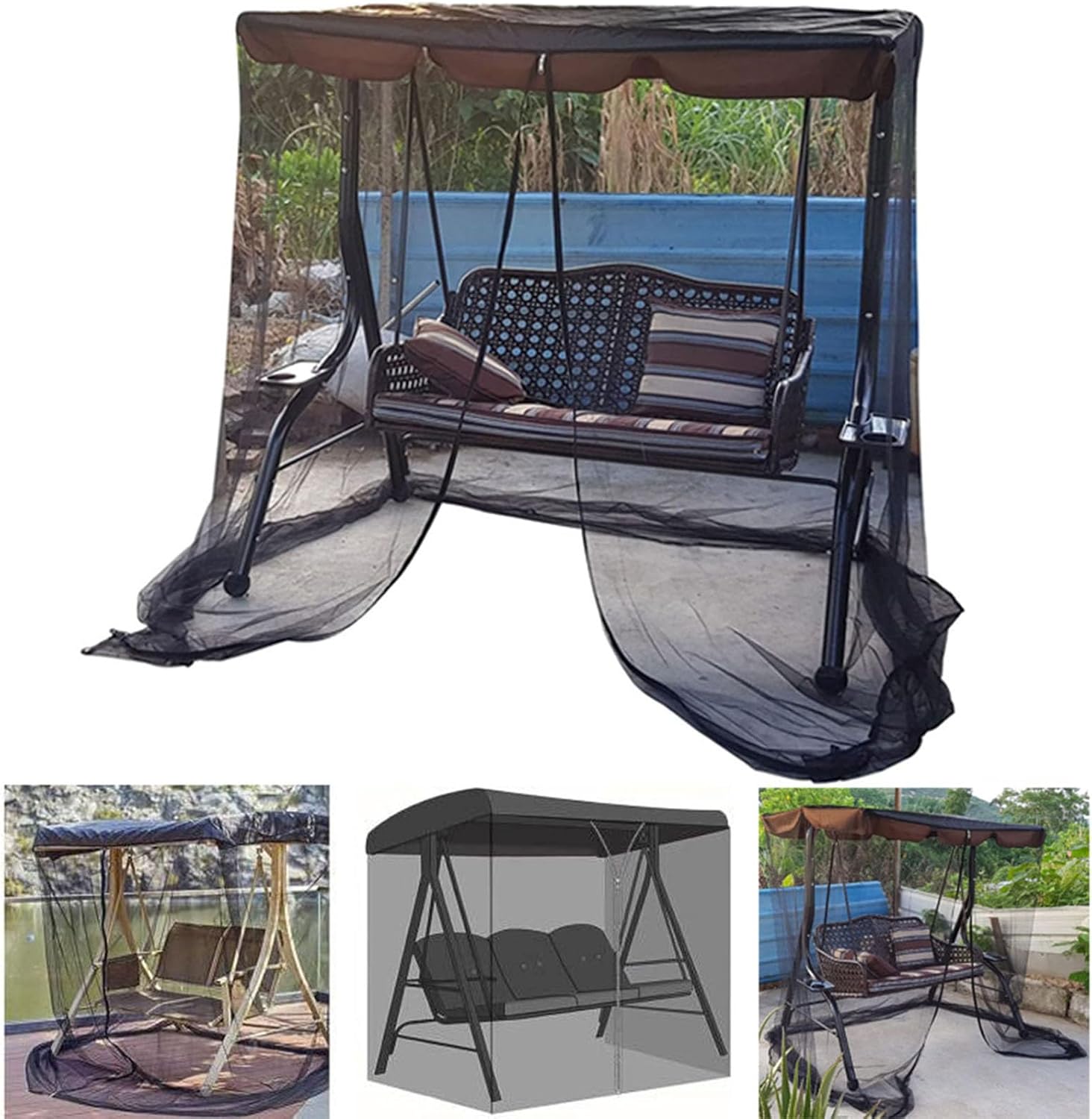 Patio Swing Mosquito Netting for 2 3 Seater Swing, Waterproof Polyester Mesh Screen with Zipper Opening and Roof Waterproof Tent, Rectangle Nett(Size:3 Seater: 73x49x80inch/185x125x205cm,Color:Black)