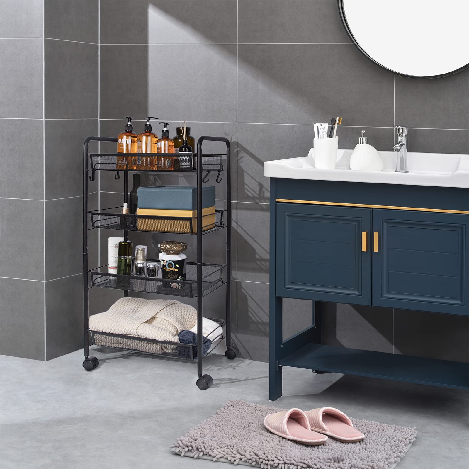 Carrello da cucina a 4 piani, in metallo, versatile, con 4 ruote libere, 4 ganci, per casa, ufficio, cucina, bagno, camera da letto (nero)