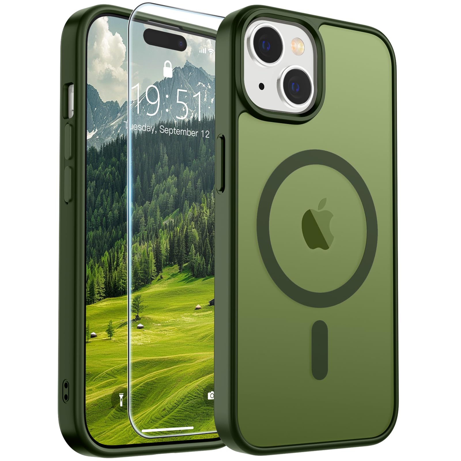 SUPFINE Magnetic for iPhone 15 Case Cangling Green | With Screen Protector, Translucent Matte, Compatible with MagSafe, Military Grade Drop Proof, Rugged Shockproof Protective