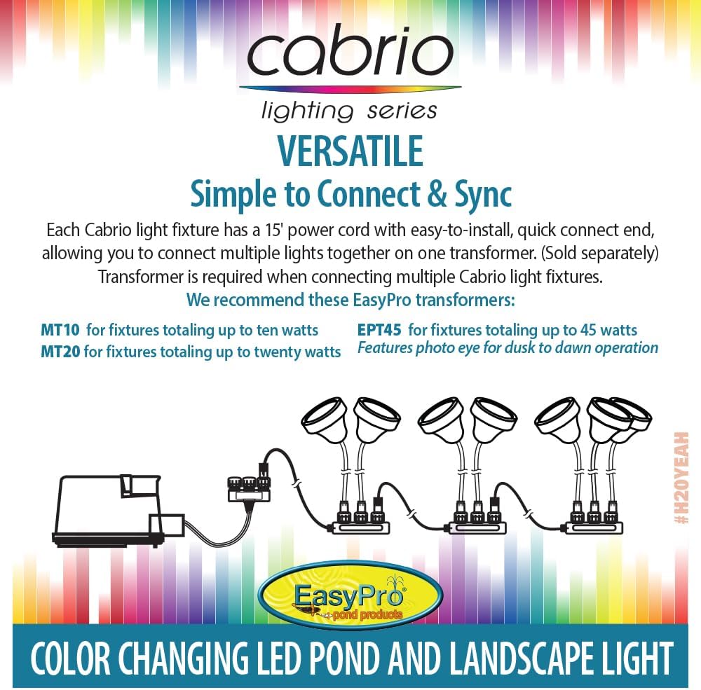 EasyPro Pond Products CLED35 Cabrio Color Changing LED Submersible Light Strip | 35 Inches 12 Watts | 15 ft Power Cord with Quick Connect Plugs and MT10 12 Volt Transformer | 1 Year Warranty