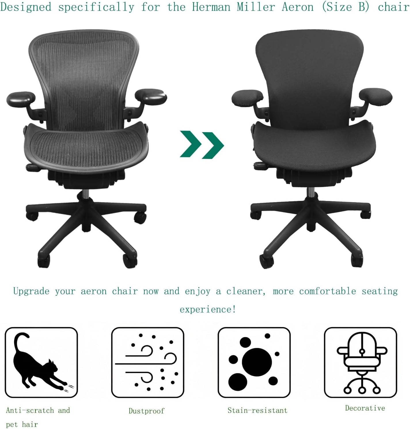 Suitable for Herman Miller Aeron Chair Covers (Size B), (4 Pieces Including armrest Covers) - Breathable, Comfortable, and Non-Slip(Graphite Black)