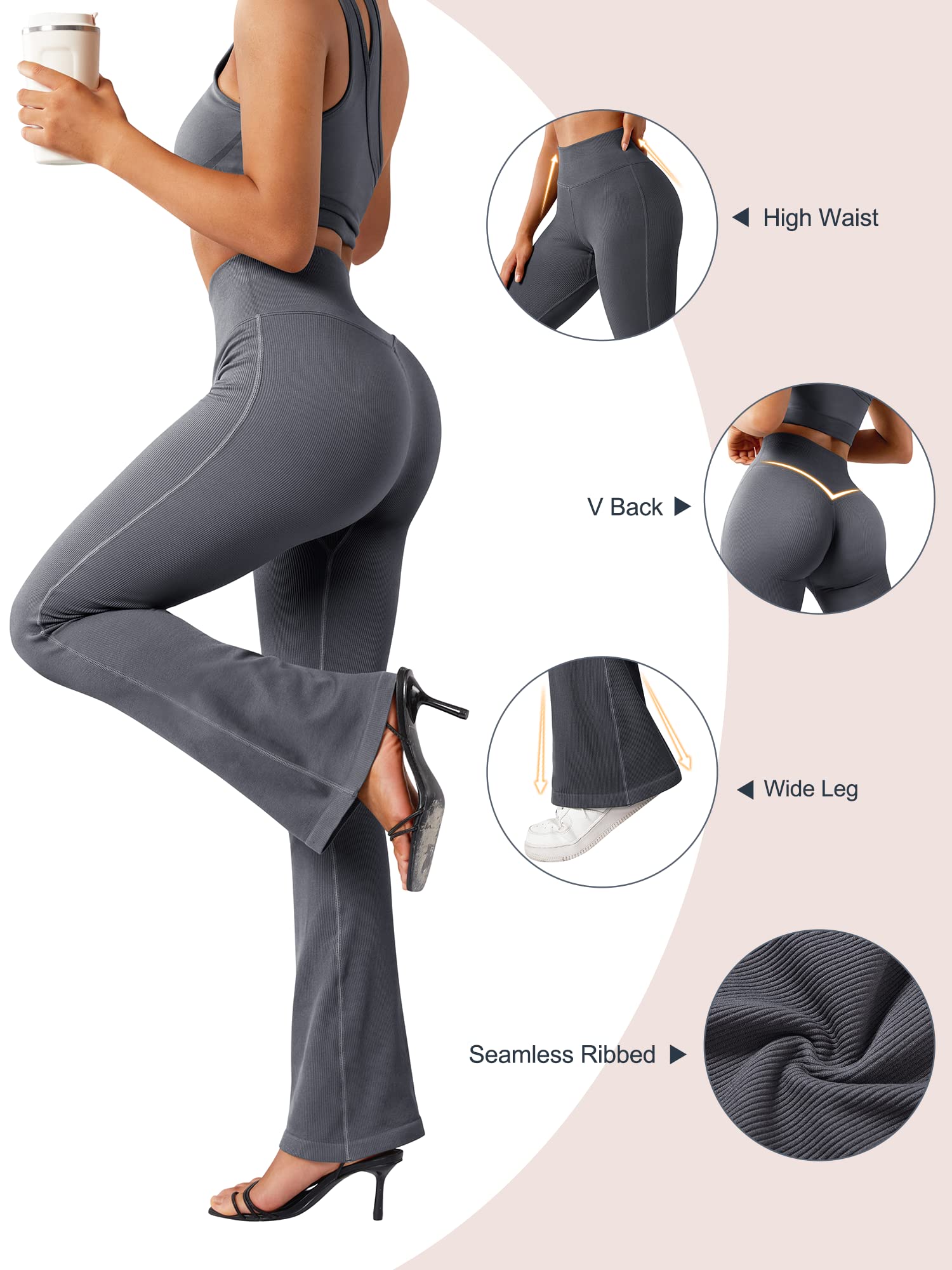 MOSHENGQI Women Ribbed Flare Leggings Seamless High Waist Bootcut Yoga Pants(S,239-Grey)