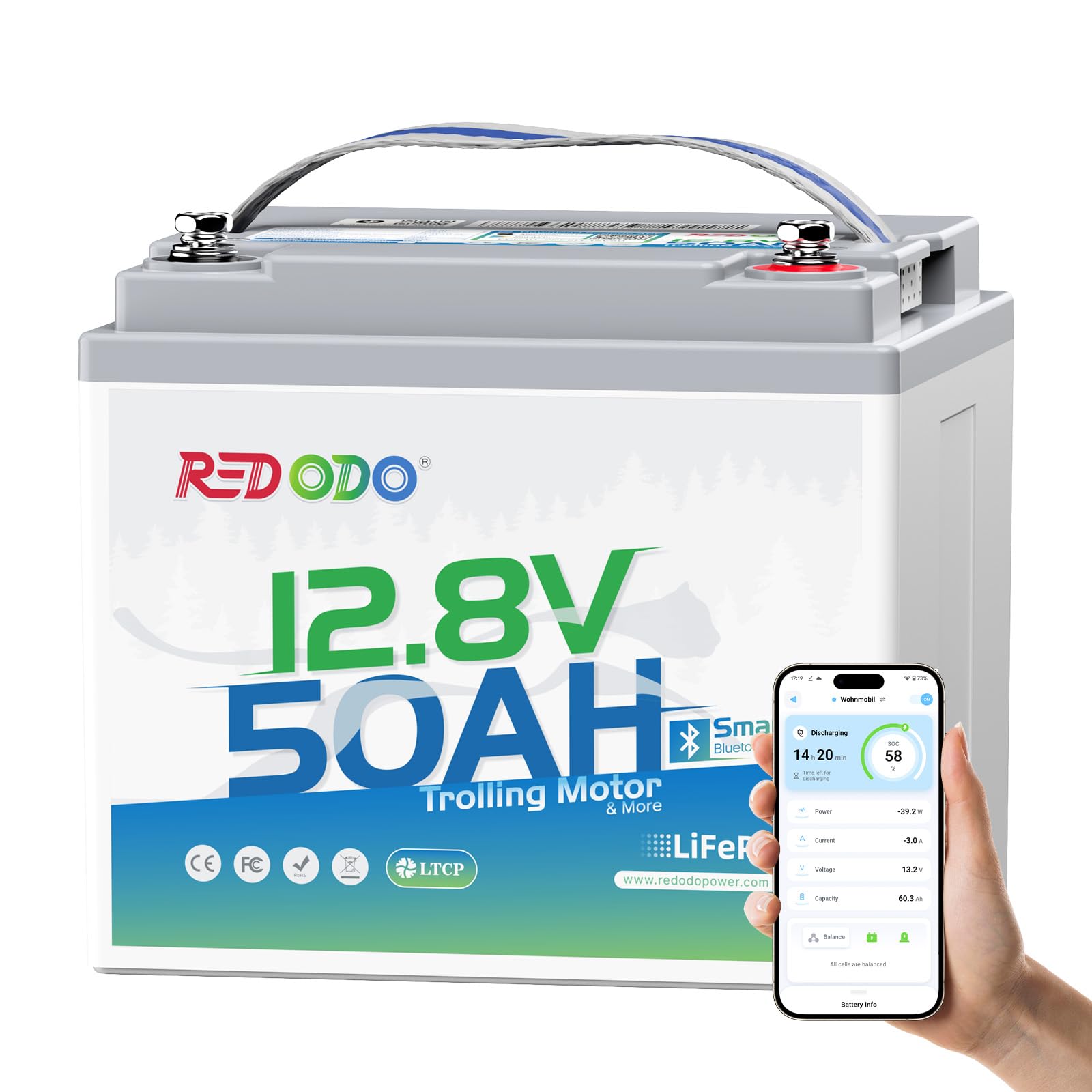 Redodo 12V 50Ah LiFePO4 Deep Cycle Battery for Marine, RVs