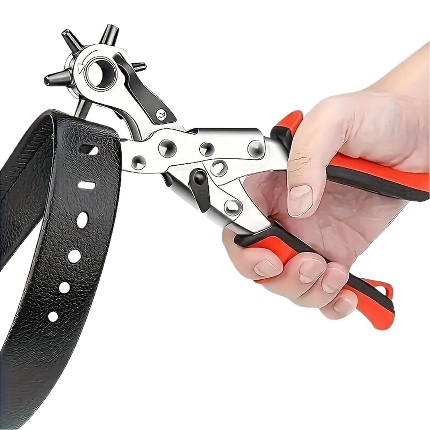 Revolving Leather Hole Punch Plier Multi-Size Puncher Tool for Belts, Watch Bands, Straps, Eyelets - Comfort Grip Handle