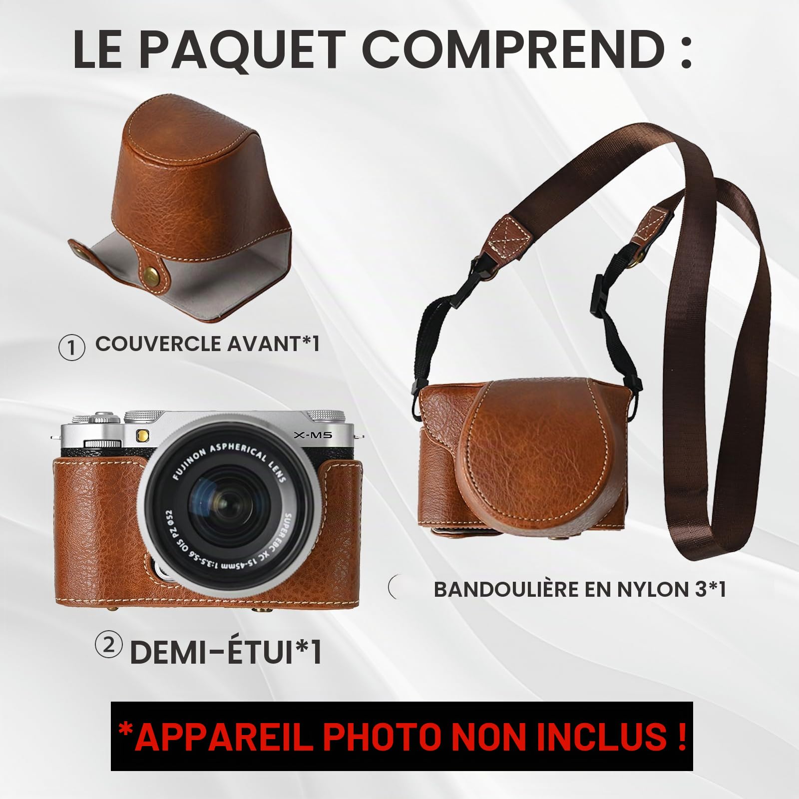 Étui de protection Fujifilm X-M5 sans miroir, demi-coque avec coque avant et bandoulière, bouton pression, café