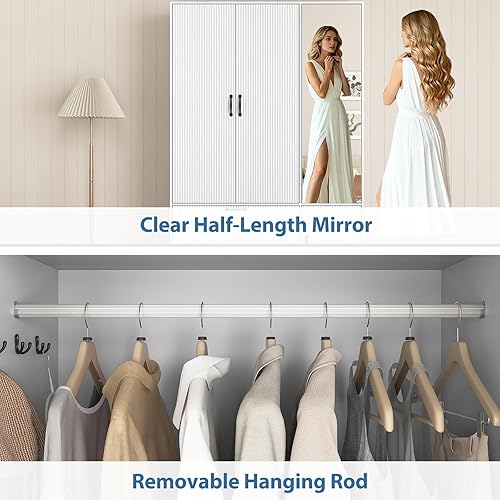 Miniatura 4 de Armario de 68.5 pulgadas con puerta de espejo, armario independiente moderno de 3 puertas de madera acanalada con 2 cajones y armario de