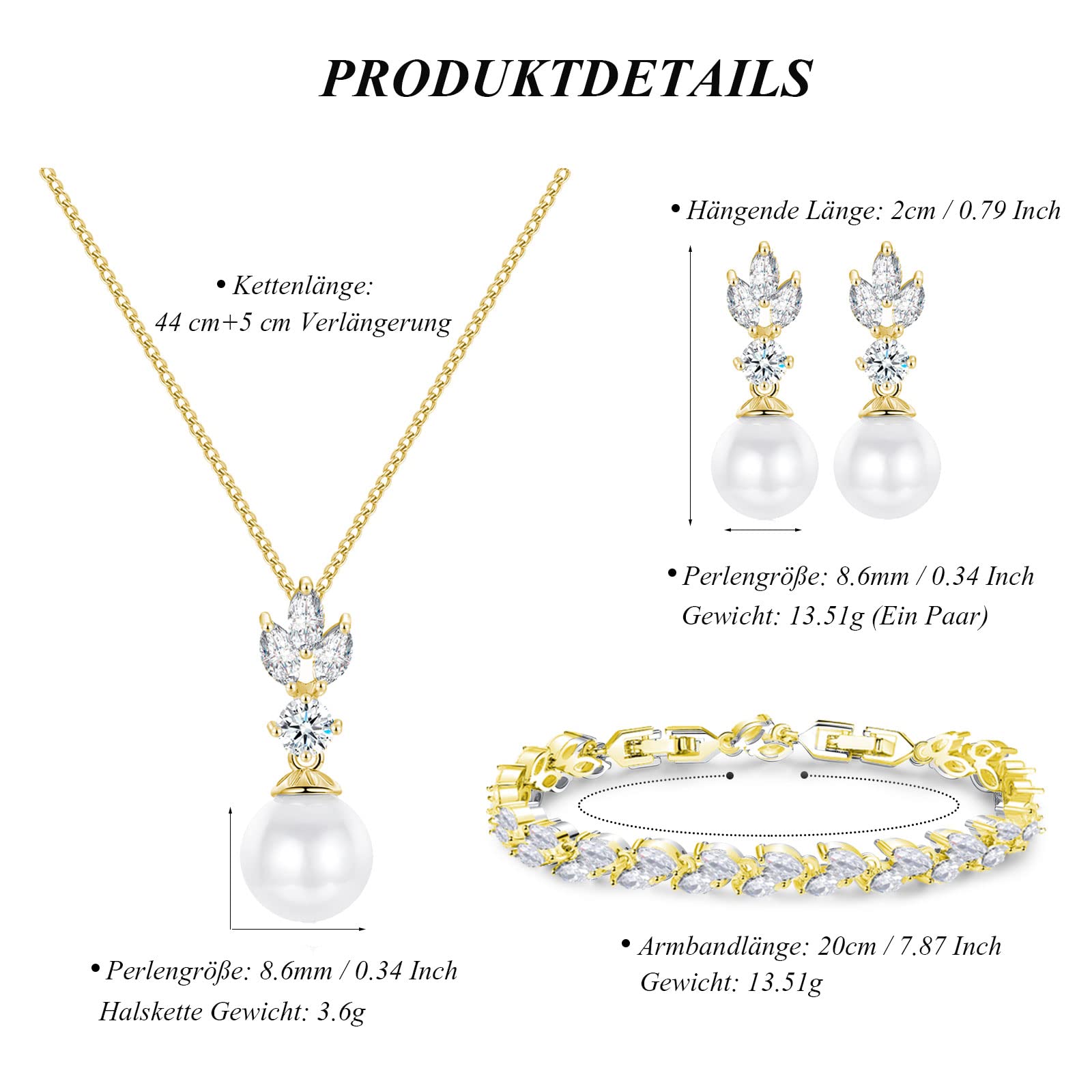 Juego de joyas de oro para mujer, joyas de boda con perlas, pendientes, collar y pulsera, joyas de novia con circonitas 5A brillantes, regalo para novia y dama de honor, Oro amarillo