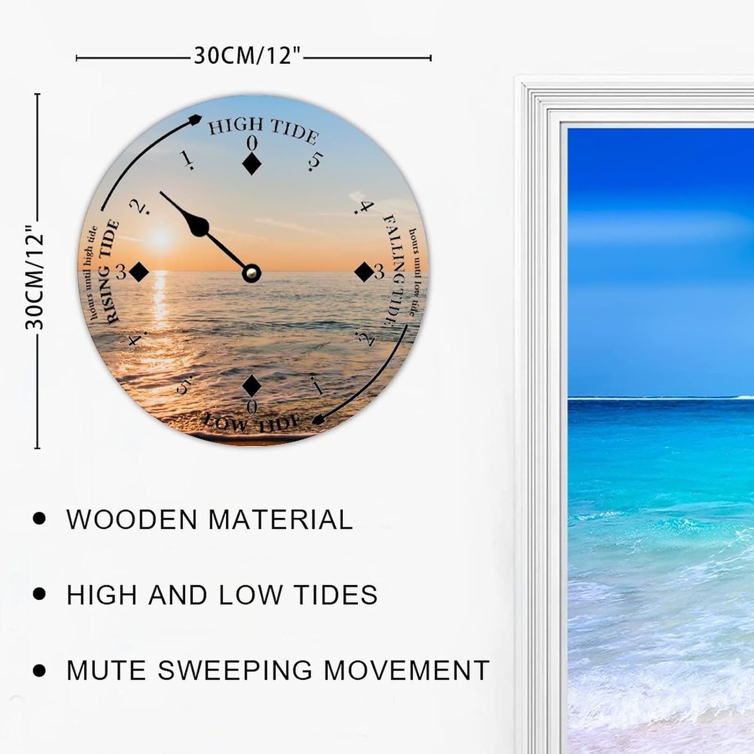 Round Wall Tide Clock Moon Tidal Clock Sunset Ocean Time Wood Clock Coastal Clock with High and Low Tide Hello Summer Decor for Beach House Deck Board Balcony