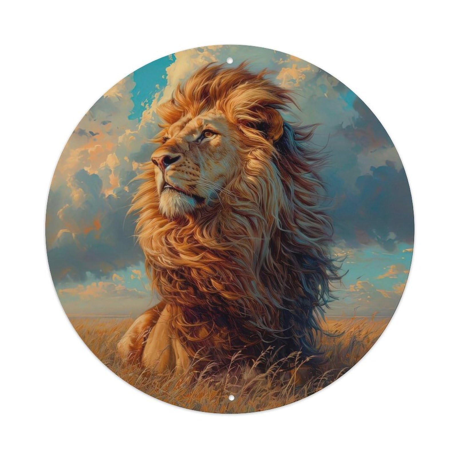Animal Poster of A Lion in The Savannah Vintage Metal Tin Sign Plaque Wall Decor for Cafe, Club, Garden Round Metal Poster 8x8Inch
