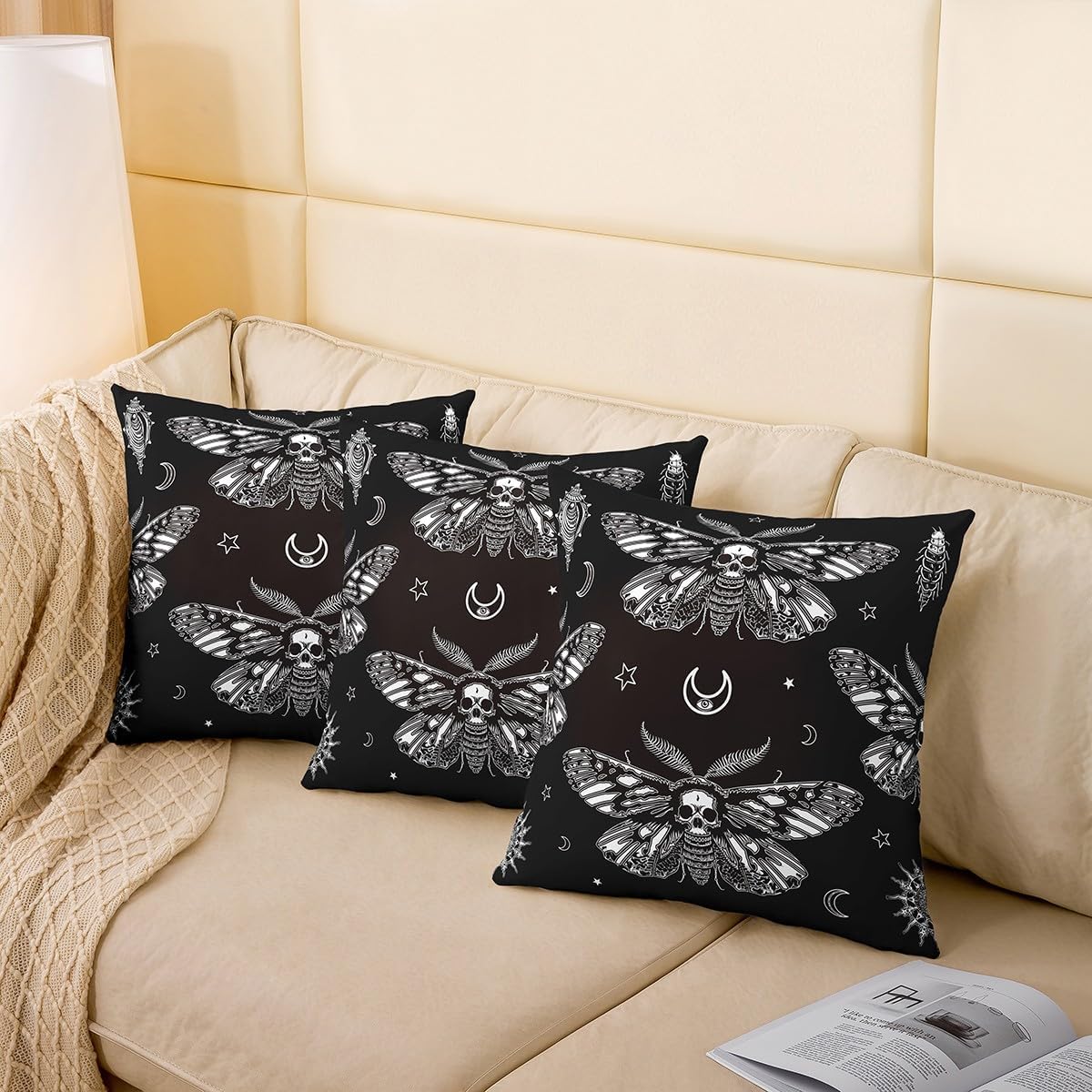 Feelyou Boho Moth Throw Pillow Covers 20"x20" Set of 4 Soft Bohemian Sun Moth Skull Pillow Cases Cushion Covers for Living Room Bedroom Moth Skeleton Decorative Throw Pillowcases for Sofa Couch Chair