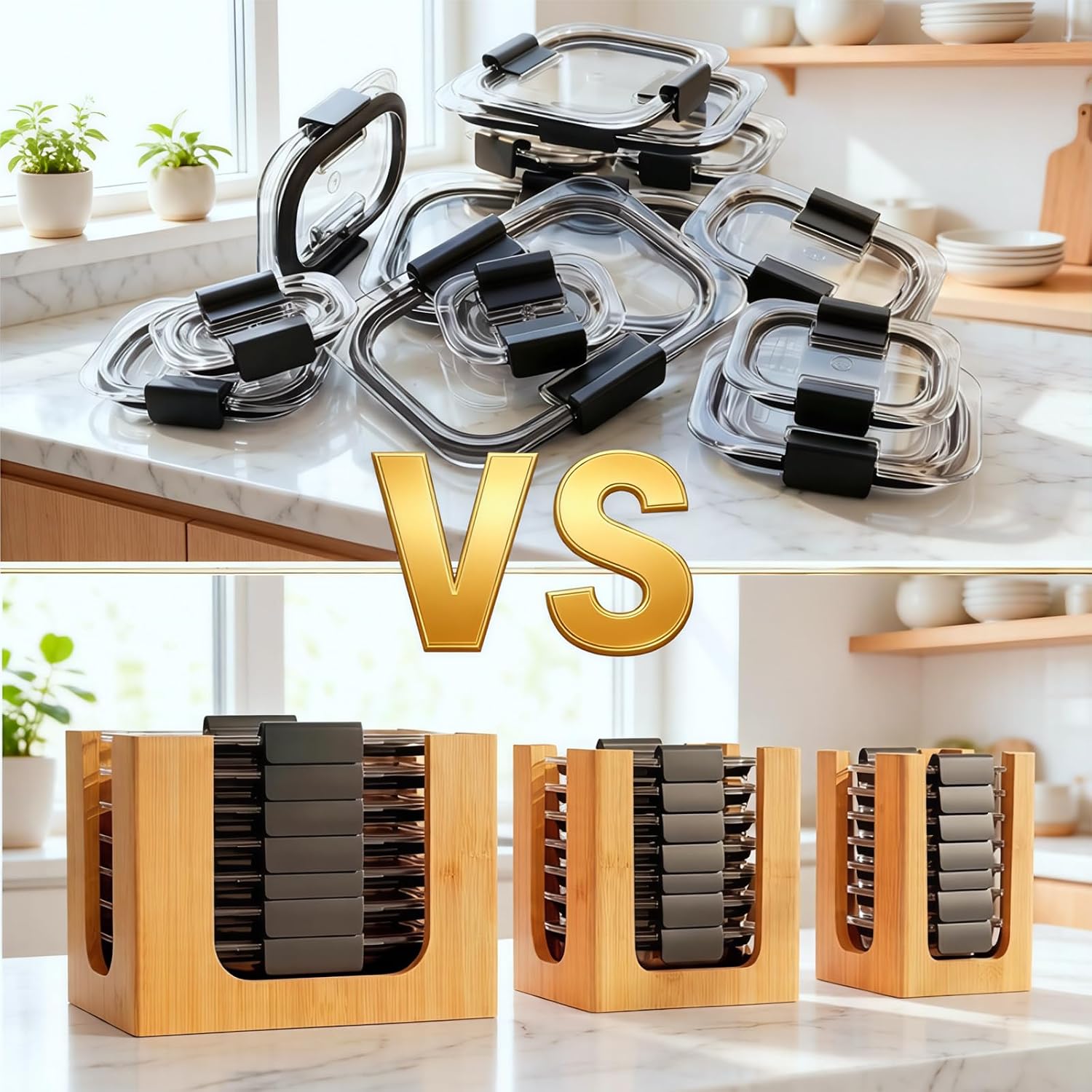 Angadona 3-Pcs Bamboo Lids Organizer for Rubbermaid Brilliance Lids – Stackable Lid Storage Holds 4.7 Cup, 3.2 Cup, 1.3 Cup & 0.5 Cup Food Containers, Premium Bamboo Lid Organizers Inside Cabinet